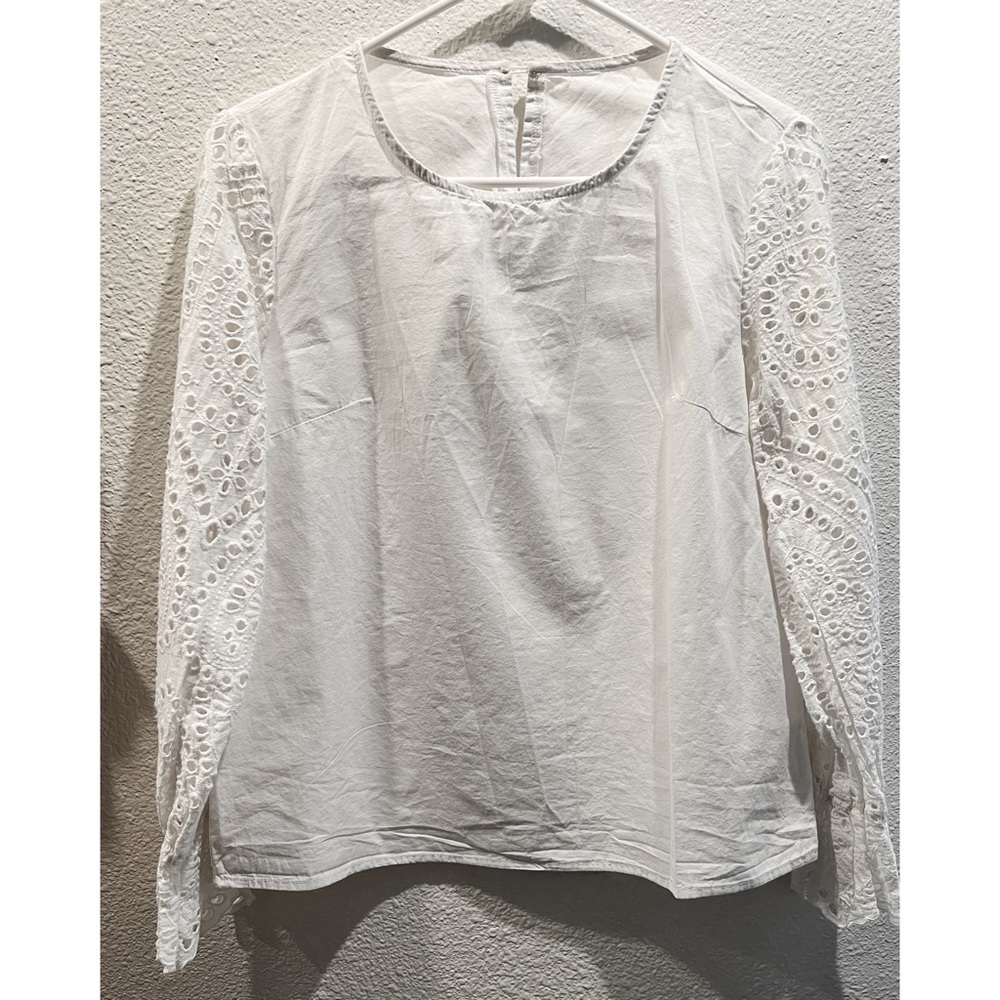 White Embroidery Cut Flowers long Sleeve Blouse